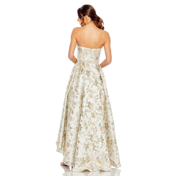 Mac Duggal NEW White Gold Brocade Strapless Golden Floral High Low Gown - Size 4 - Picture 10 of 15